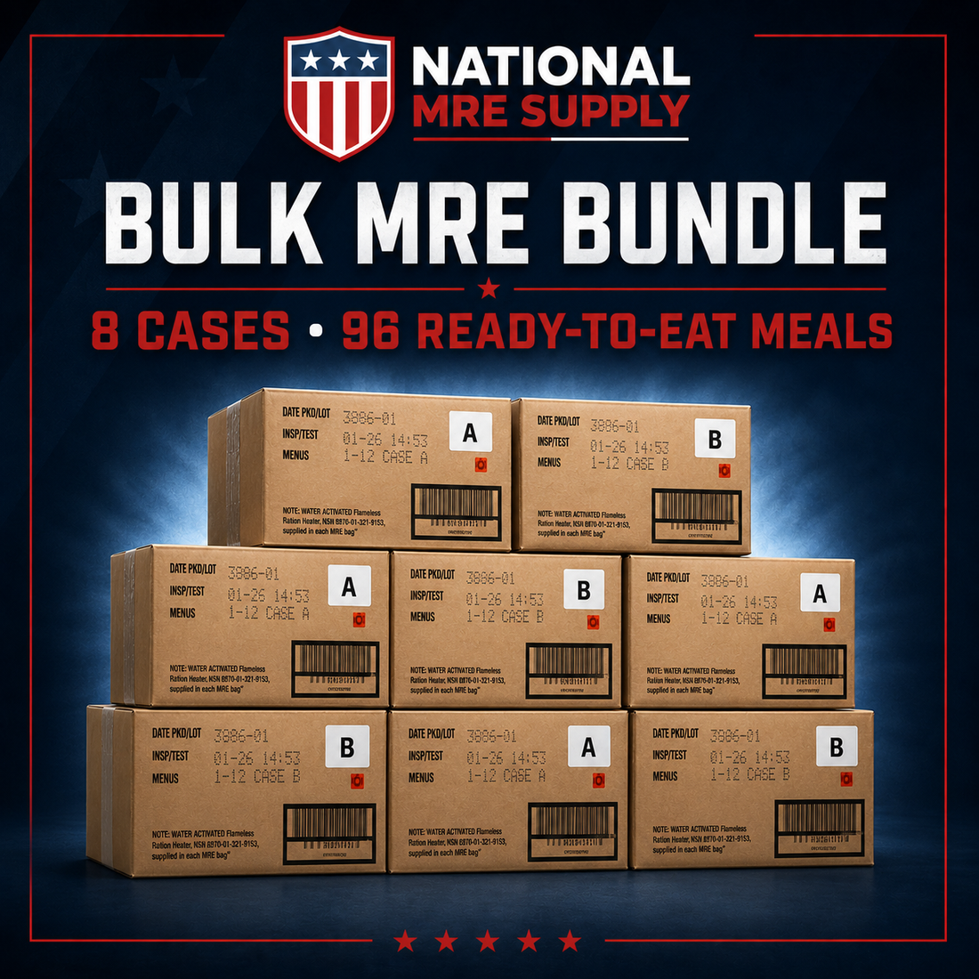 Bulk MRE Bundle — 8 Cases / 96 Ready-to-Eat Meals