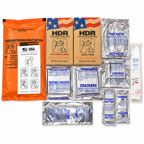 Humanitarian Daily Ration contents with HDR entrees and shelf-stable meal components