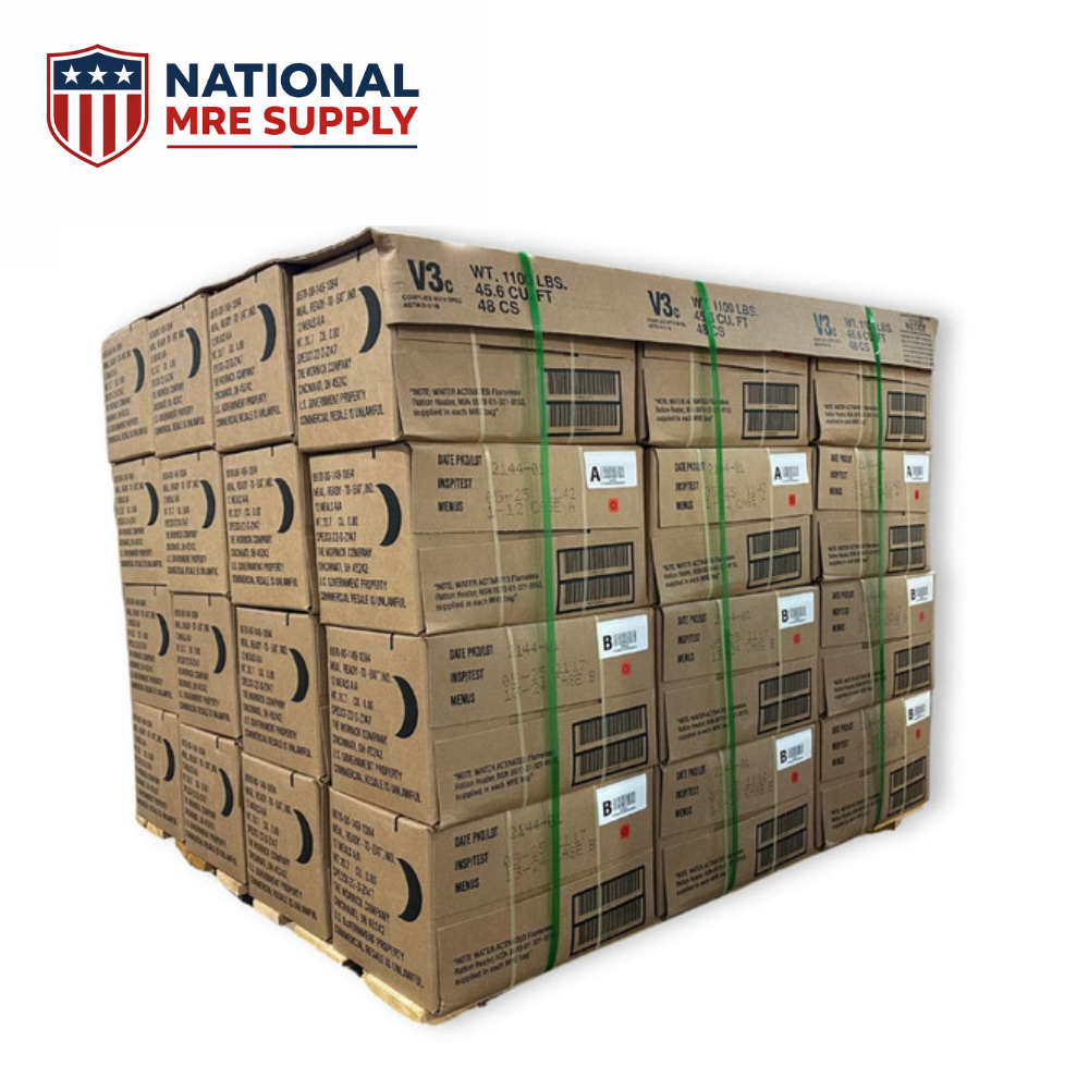 Military MRE Pallet — 48 Cases / 576 Ready-to-Eat Emergency Meals